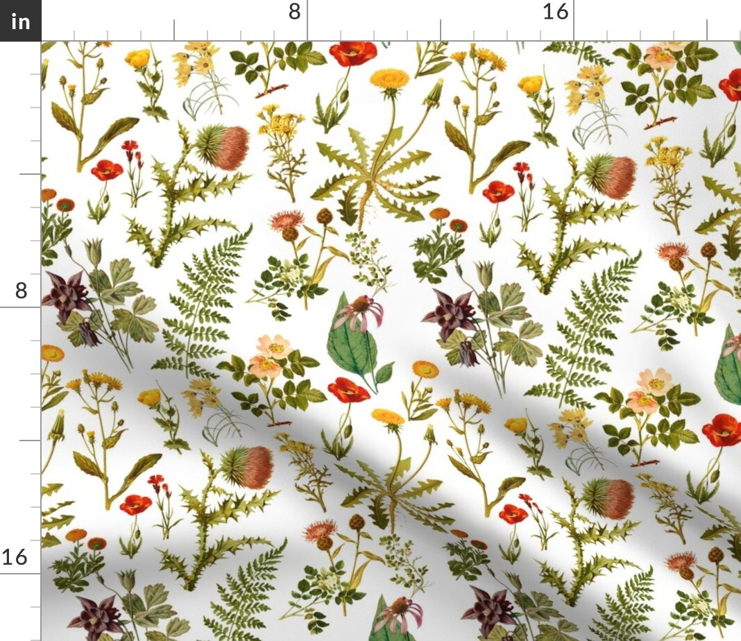 Vintage Botanical Wildflowers Small Florals Botanicals Woodland Flowers Spring Nature Art Illustration Custom Printed Fabric by Spoonflower Various Fabrics by the Yard or Fat Quarter