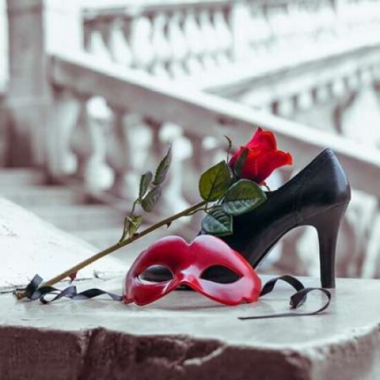 Venetian mask and high heel shoe with red rose, Rialto bridge, Venice, Italy Poster Print by  Assaf Frank - Item # VARPDXAF201304121937FC03