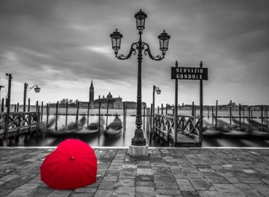 Heart shaped umbrella next to lamp post at Gondola hiring point, Venice, Italy Poster Print by  Assaf Frank - Item # VARPDXAF201304111560C01