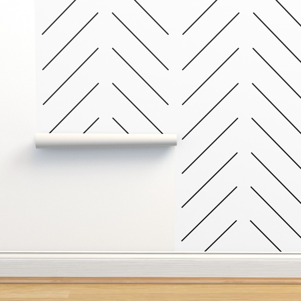 Herringbone Black White Chevron Zig Zag Neutral Mudcloth Minimal Boho Simple Custom Pre-pasted Wallpaper by Spoonflower Pre-Pasted Wallpaper 2FT Wide