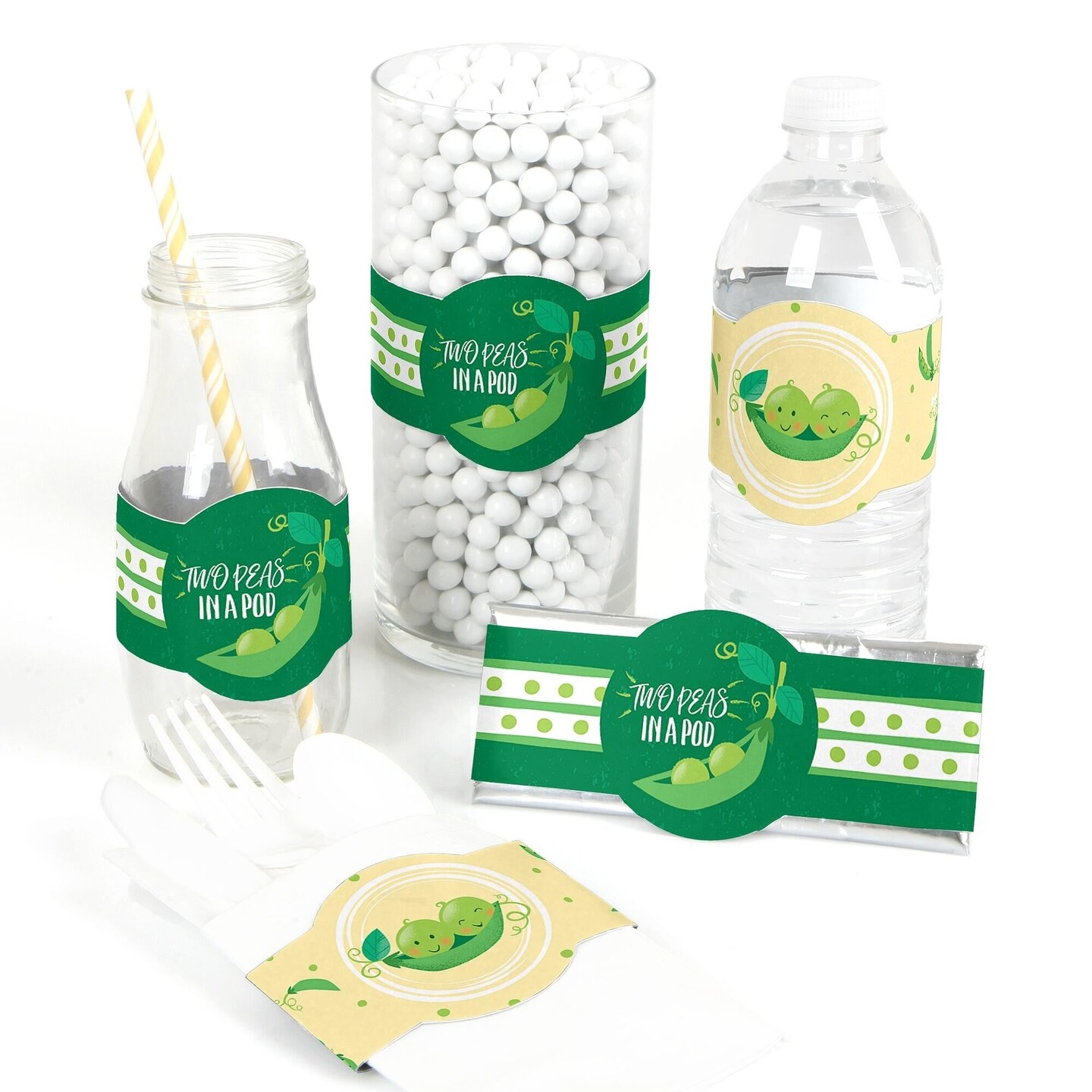 Big Dot of Happiness Double the Fun - Twins Two Peas in a Pod - Party Supplies - Baby Shower or 1st Birthday DIY Wrapper Favors &#x26; Decor - Set of 15