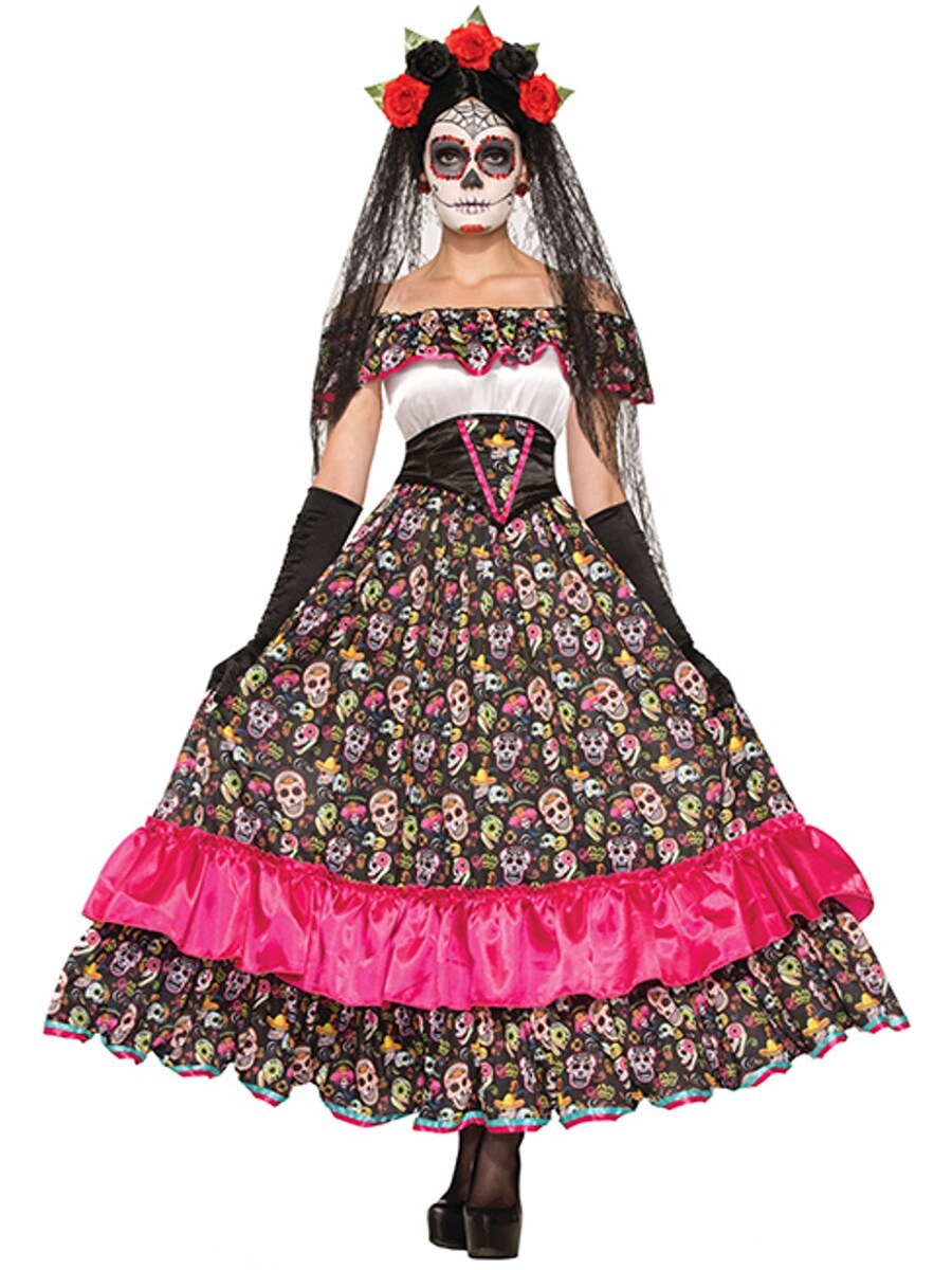 Womens Day Of The Dead Lady Skeleton Skull Festive Dress Costume