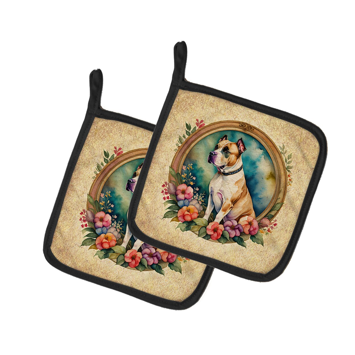 Caroline&#x27;s Treasures American Staffordshire Terrier and Flowers Pair of Pot Holders