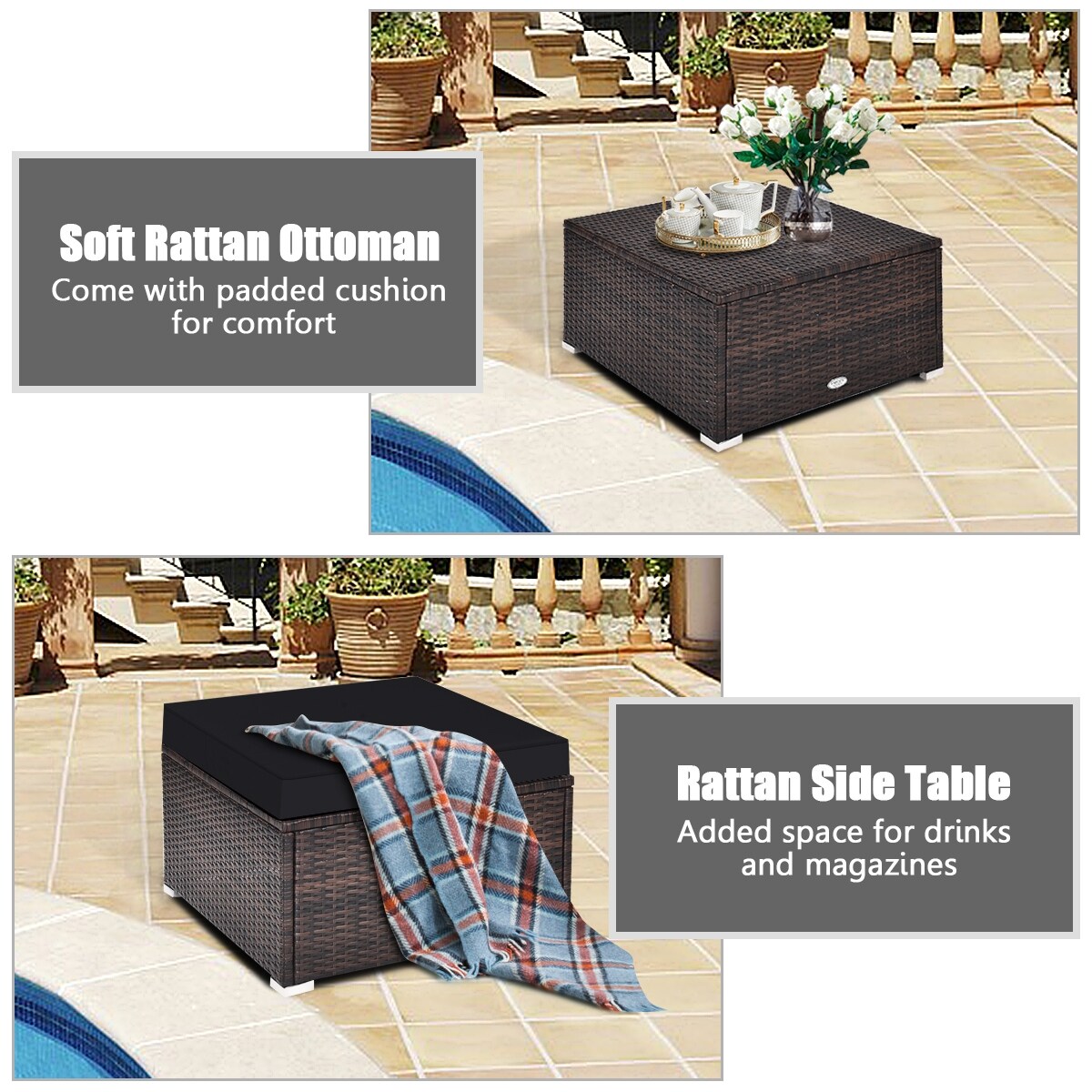 4 Pieces Ottoman Garden Patio Rattan Wicker Furniture Set with Cushion