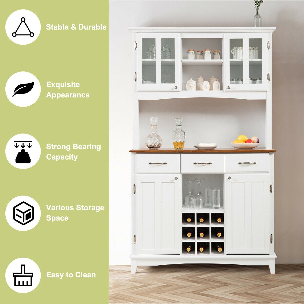 4 Door Buffet Hutch with Adjustable Shelves Drawers and Wine Storage White