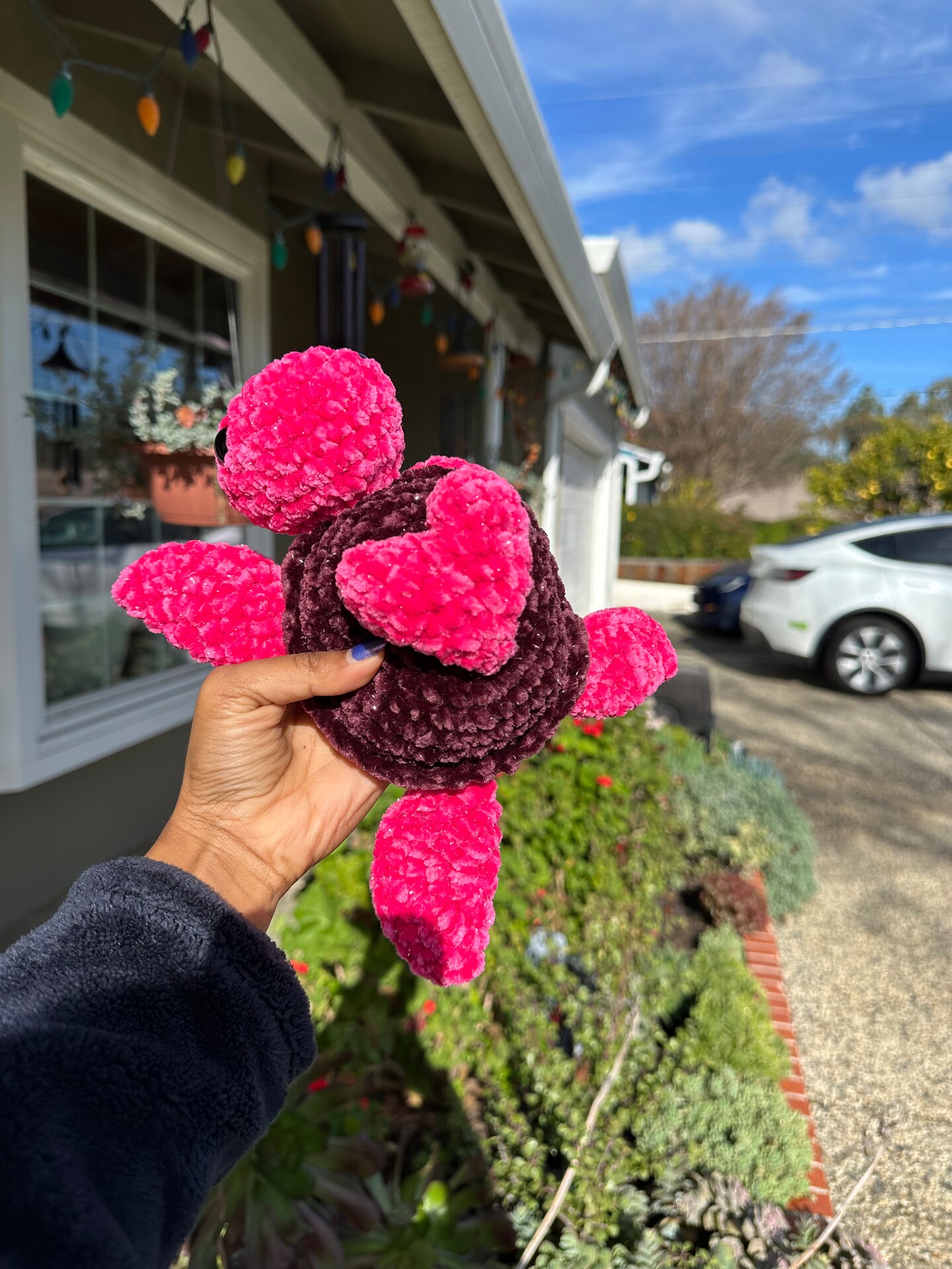 Valentine's Day Turtle Plushie Crochet with heart - sparkly pink, sparkly red, juicy couture yarn, Amigurumi Stuffed Animal Customizable