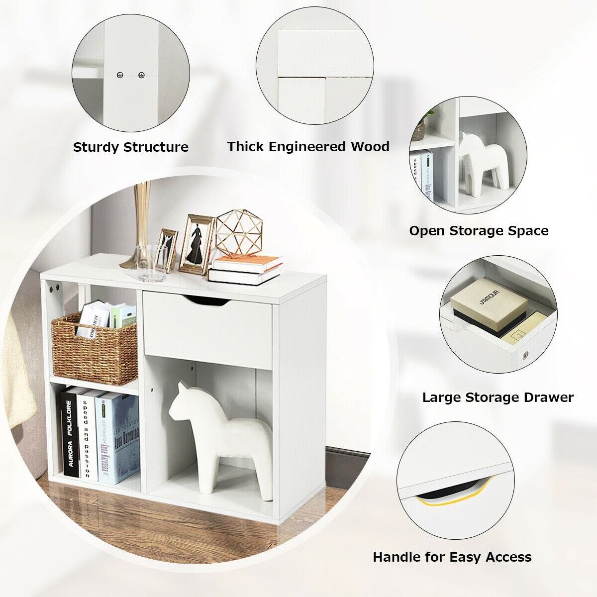 3-tier Side Table with Storage Shelf and Drawer Space