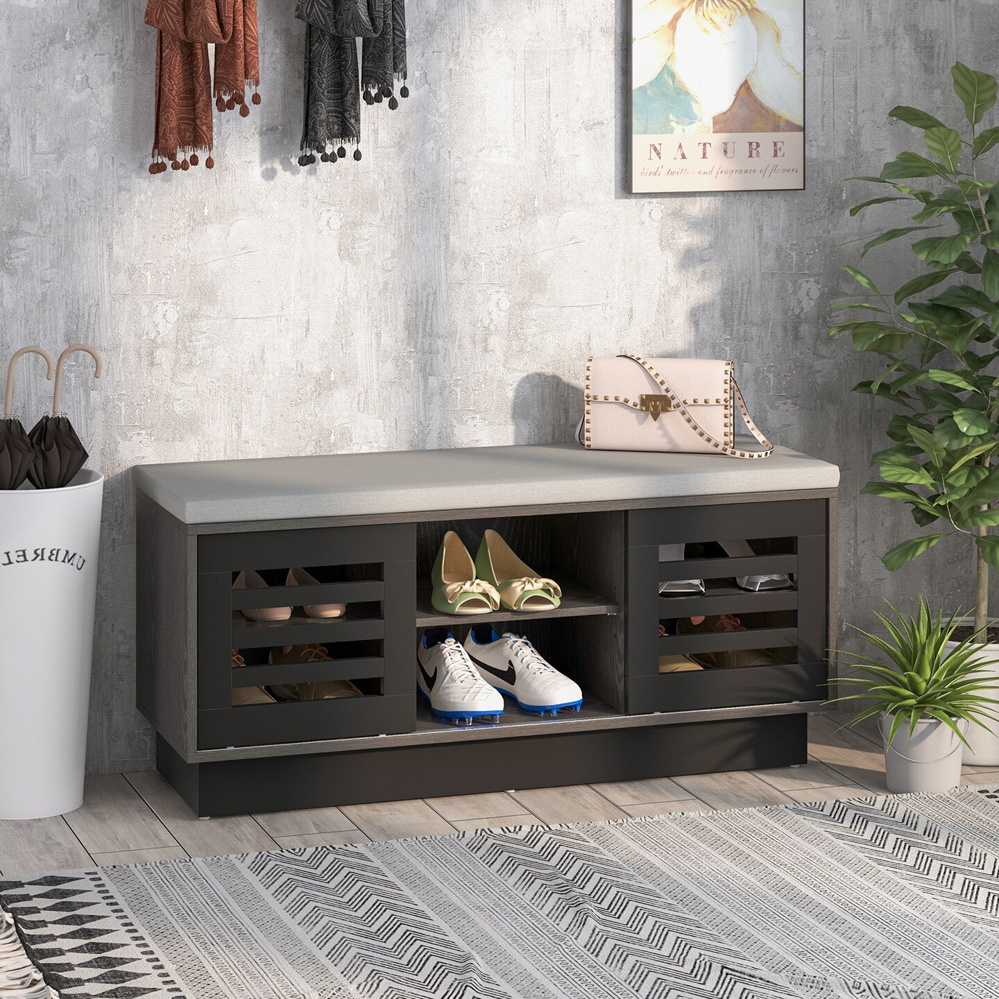 Shoe Bench with 6 Storage Compartments and 3 Adjustable Shelves