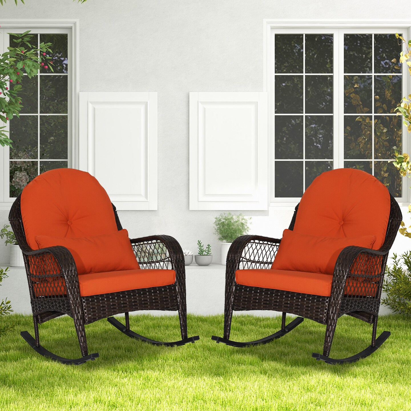 Patio Rattan Rocking Chair with Seat Back Cushions and Waist Pillow