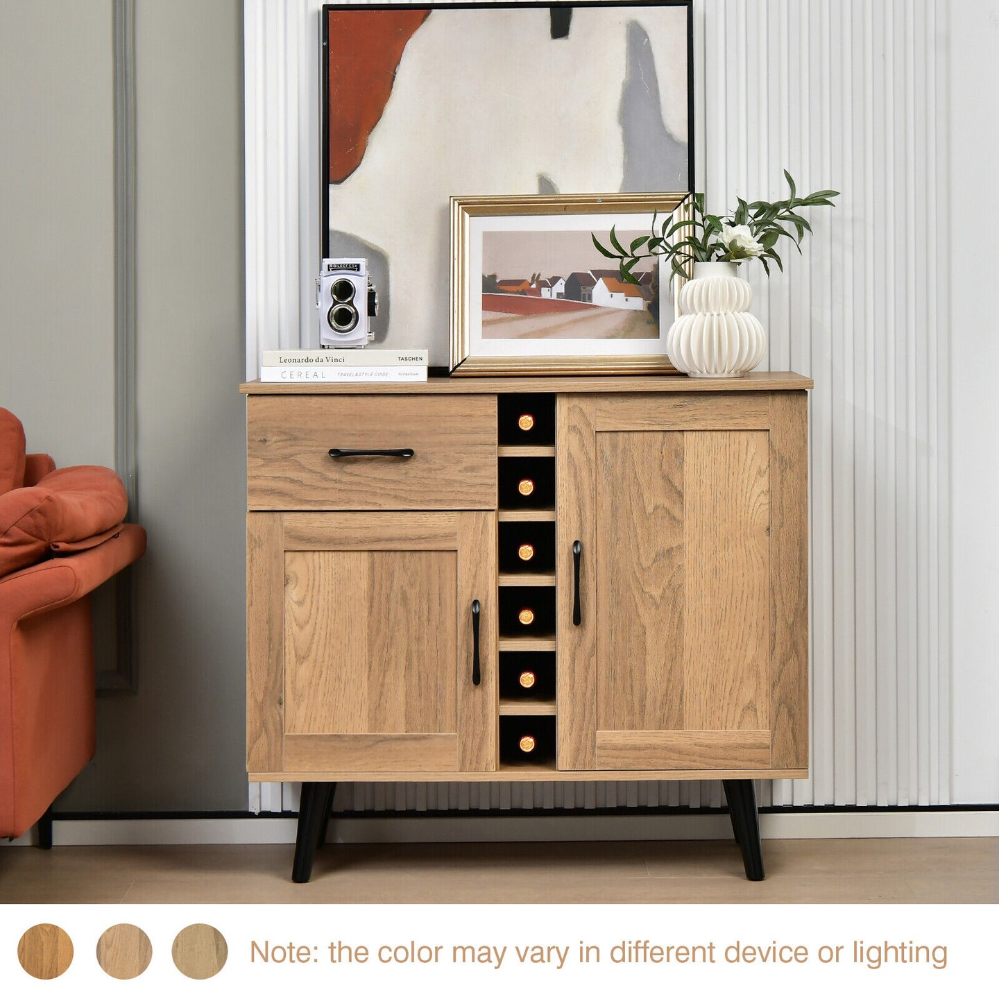 Farmhouse Wine Storage Cabinet with Adjustable Shelves Drawer and Countertop