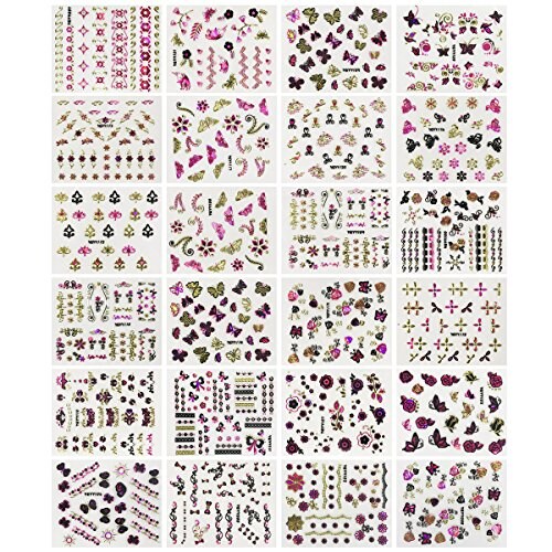 Wrapables 24 Sheets Butterfly with Gold &#x26; Silver Trim Nail Stickers Nail Art Set