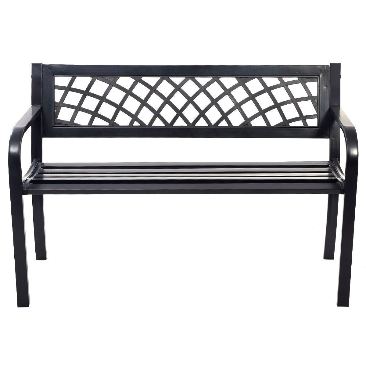 Garden Bench Deck with Steel Frame with Metal Mesh Backrest and Two Armrests