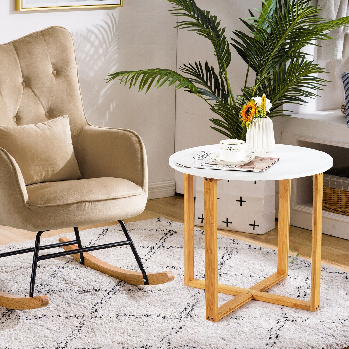 Multifunctional Round Side End Table with Bamboo Legs