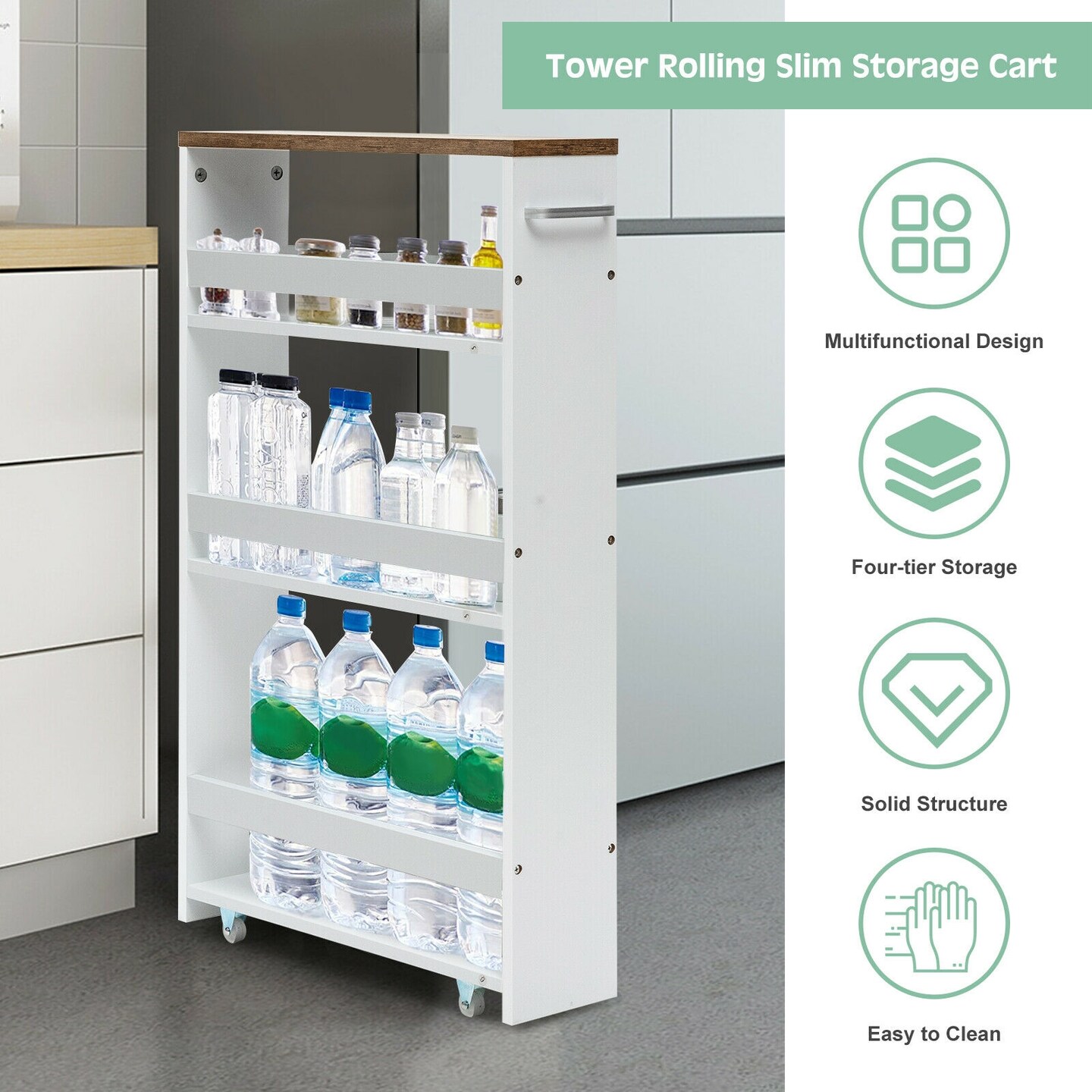 4 Tiers Rolling Slim Storage Kitchen Organizer Cart with Handle-White
