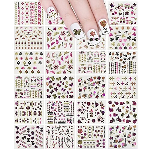 Wrapables 24 Sheets Butterfly with Gold &#x26; Silver Trim Nail Stickers Nail Art Set