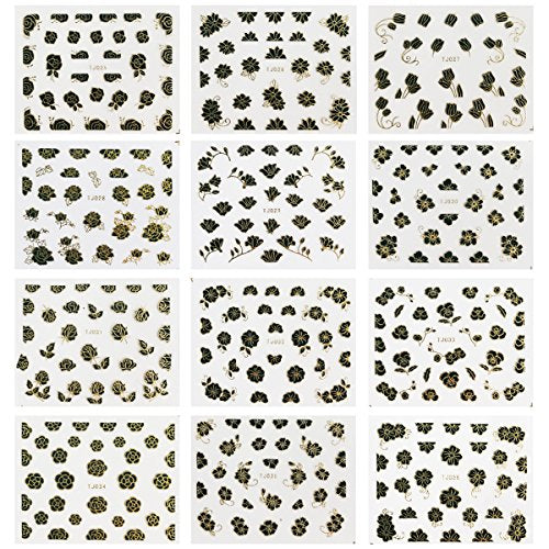 Wrapables 12 Sheets Black Flower with Gold Trim Nail Stickers Nail Art