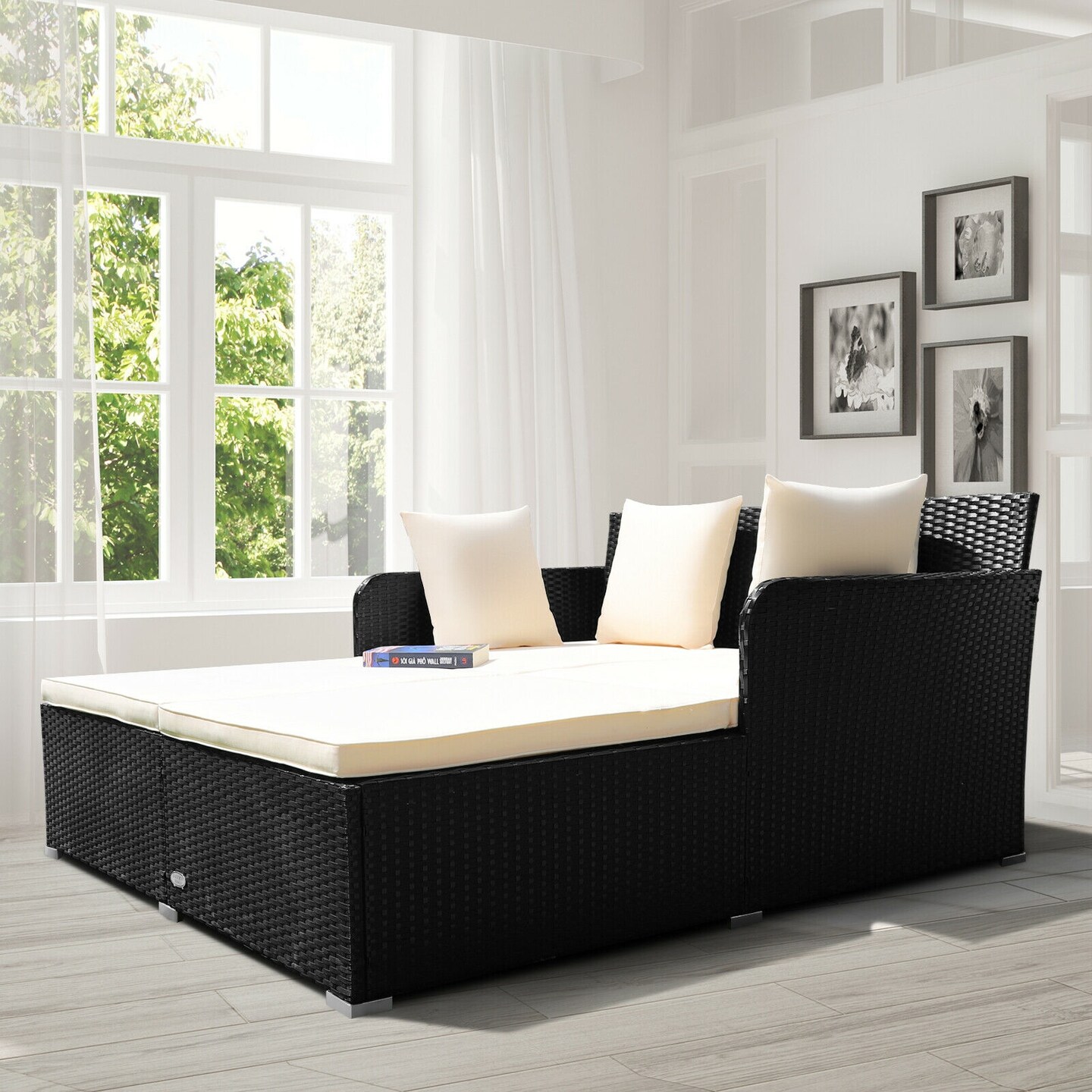 Spacious Outdoor Rattan Daybed With Upholstered Cushions And Pillows