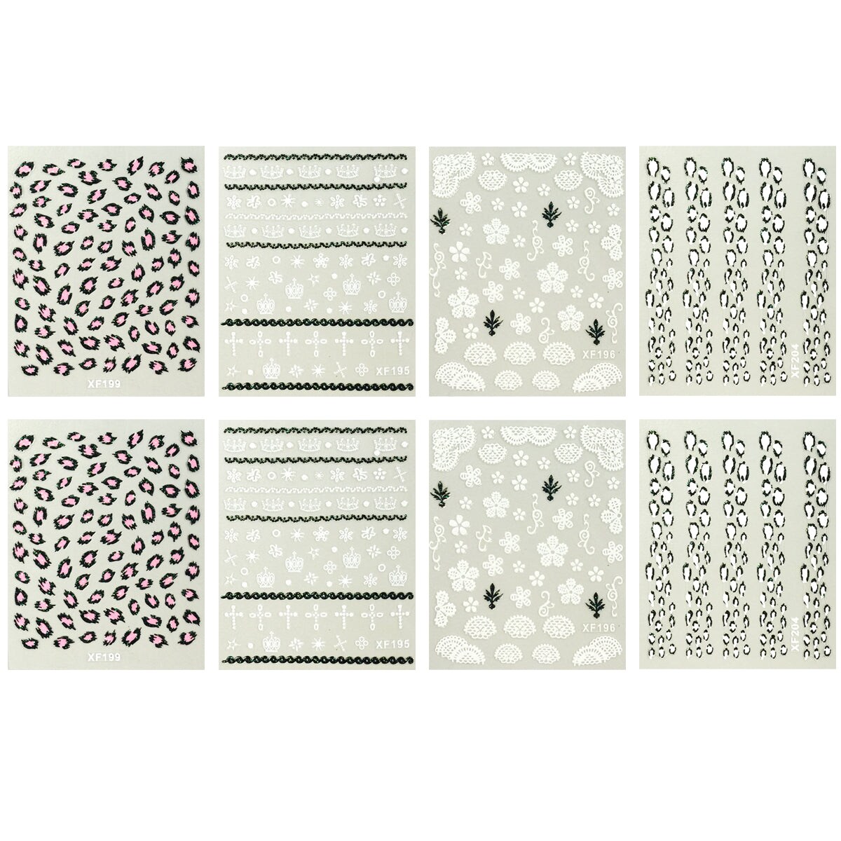 Wrapables Fingernail Stickers Nail Art Nail Stickers Self-Adhesive Nail Stickers 3D Nail Decals - Leopard, Cross, Crown, Lace & Flowers (4 Designs/8 Sheets)