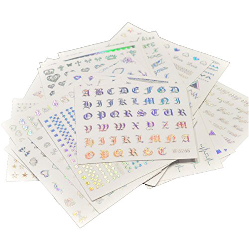 Wrapables Holographic Nail Stickers Metallic Letters, Numbers &#x26; Patterns Nail Stickers Nail Art (24 sheets)