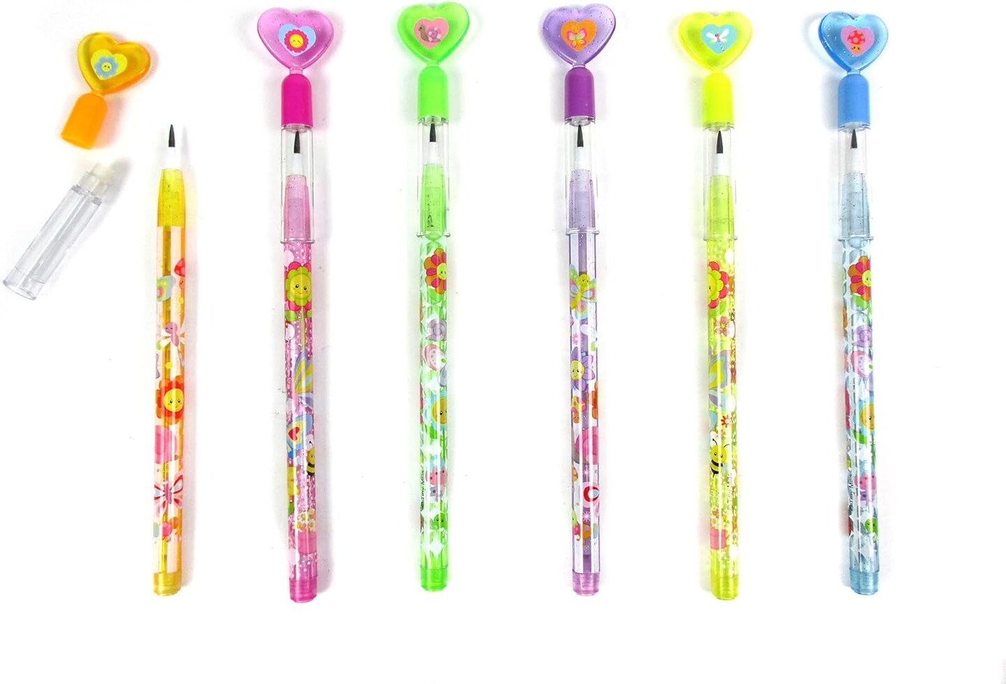 TINYMILLS 24 Pcs Spring Flowers Butterfly Multi Point Stackable Push Pencil Assortment with Eraser