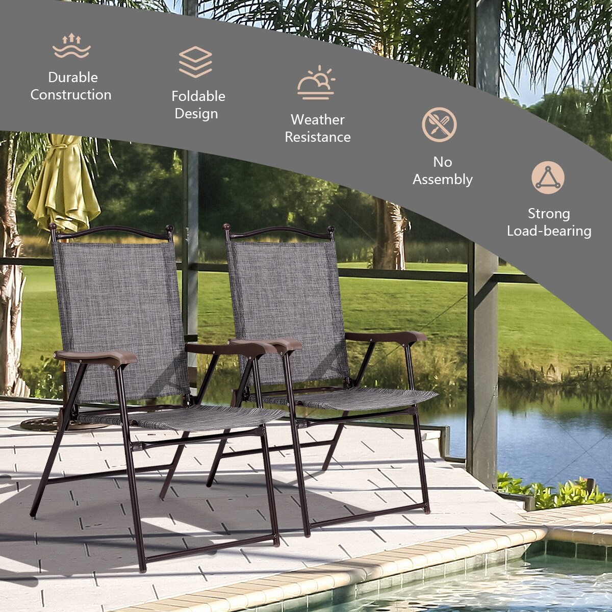 Set of 2 Patio Folding Sling Back Camping Deck Chairs with Steel Tube and Plastic Frame