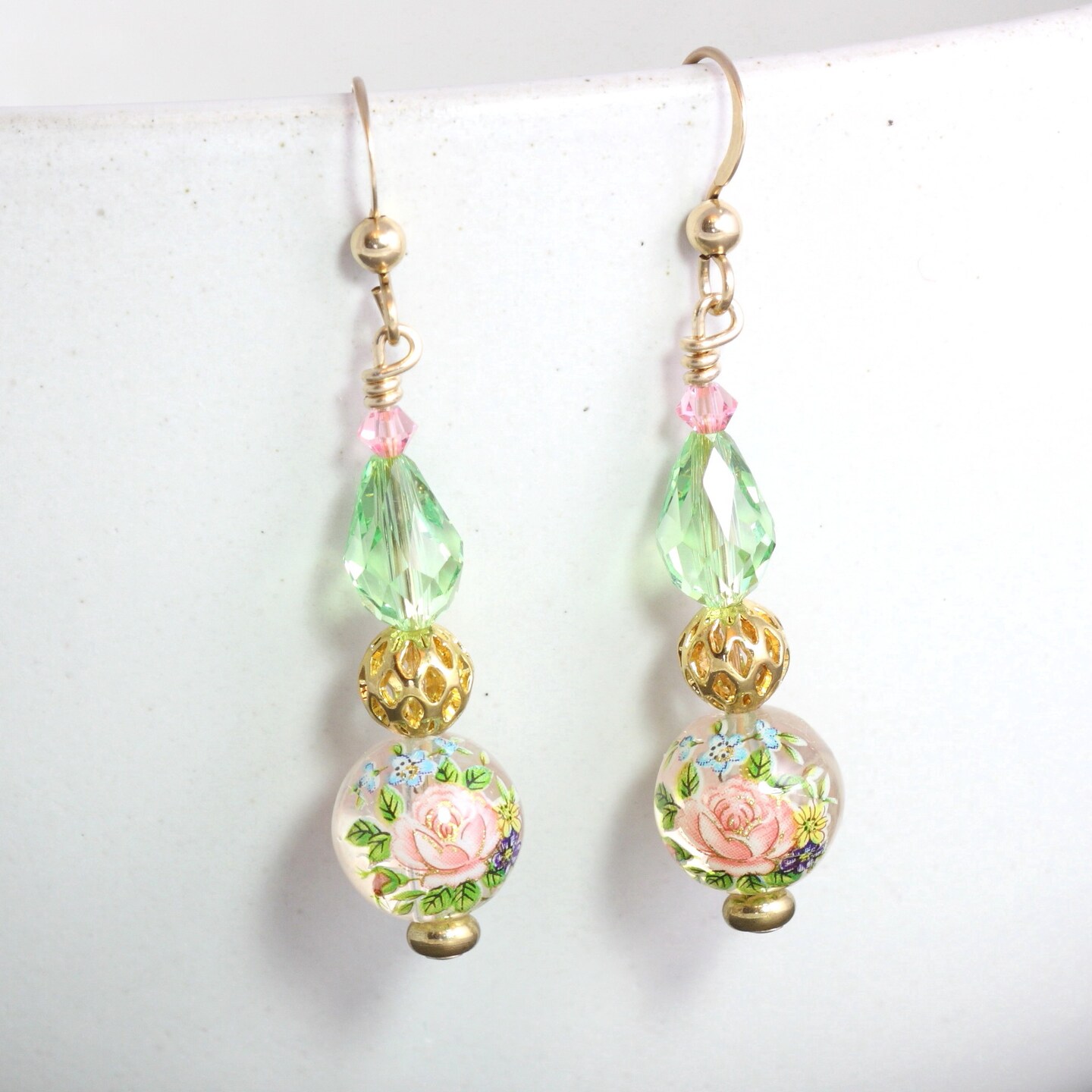 Spring Flower Earrings with Pink Blossoms and Green Leaves