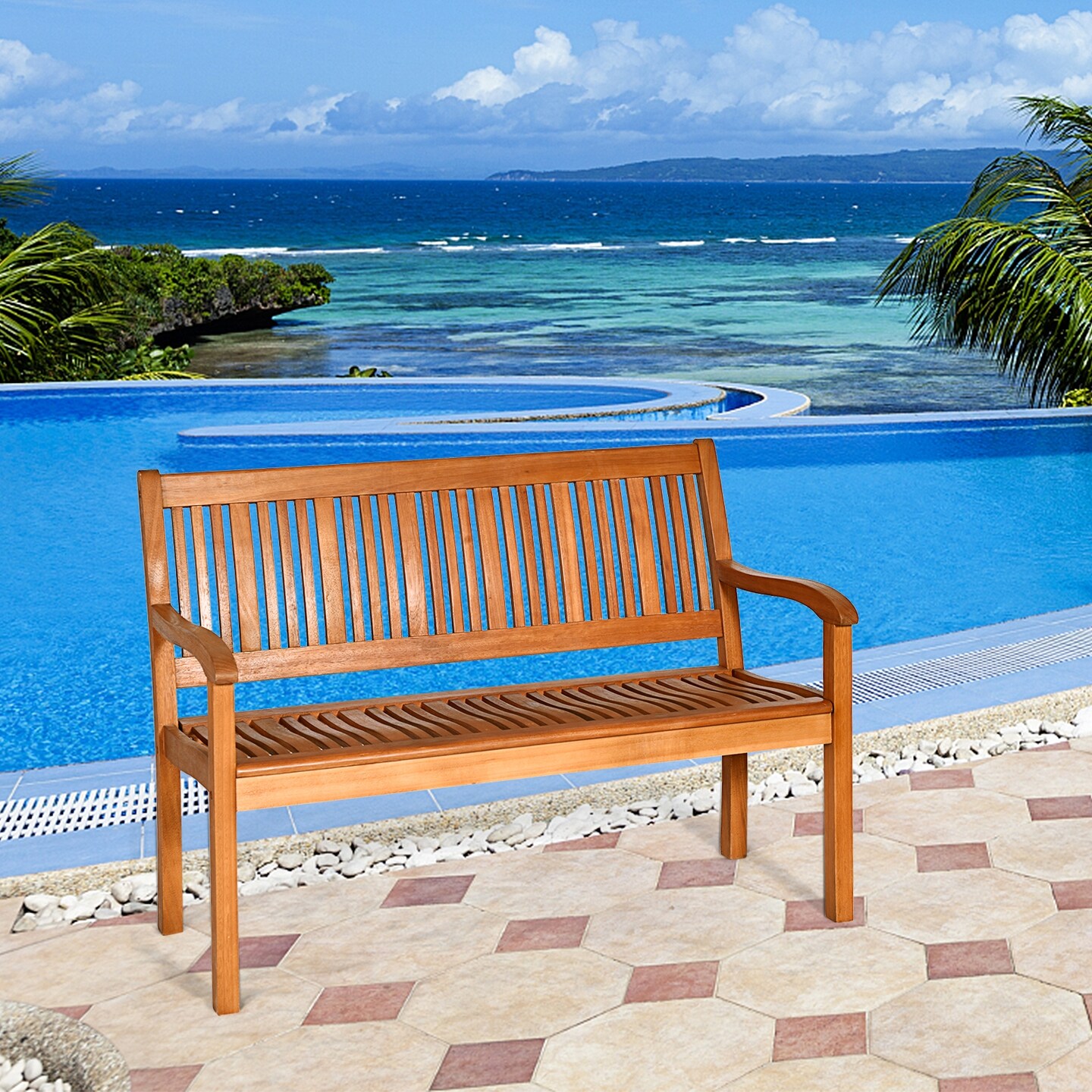 2- Person Solid Wood Garden Bench with Curved Backrest and Wide Armrest