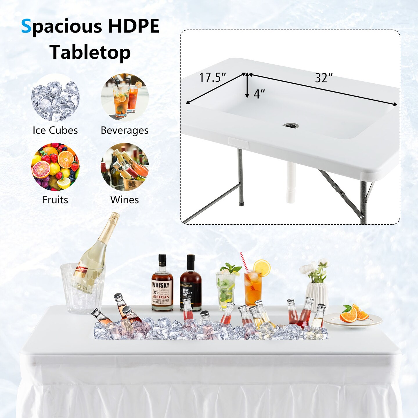 White Folding Ice Bin Table with Cooler for Outdoor Parties Camping and Events
