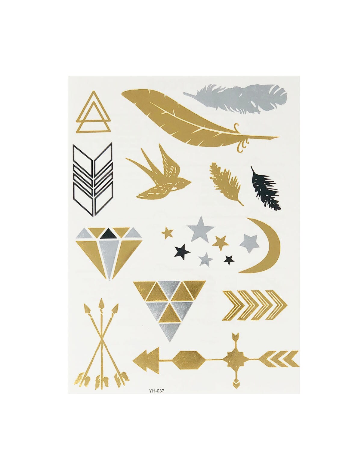 Wrapables Celebrity Inspired Temporary Tattoos in Metallic Gold Silver and Black (6 Sheets), Large, Feathers &#x26; Floral