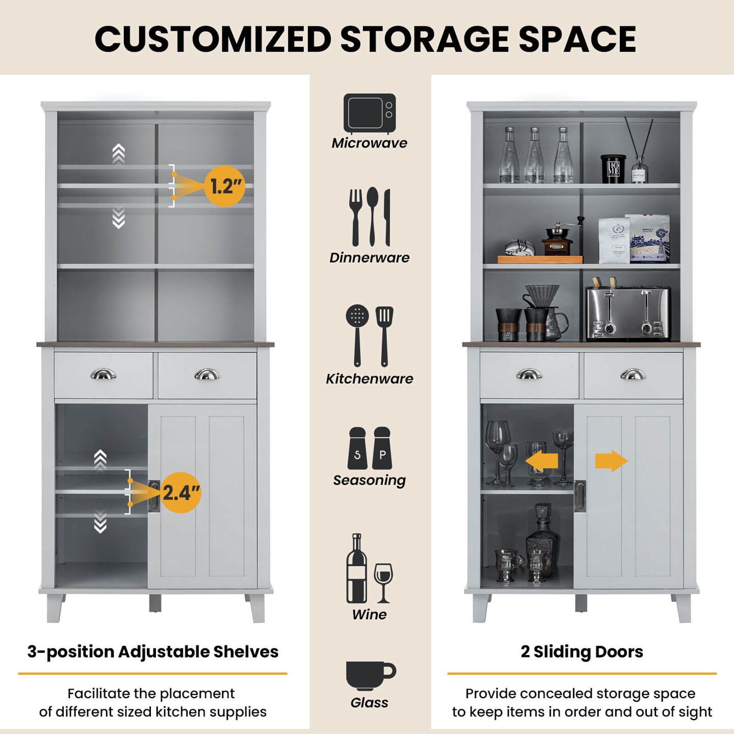 Freestanding Kitchen Pantry Cabinet with Sliding Doors