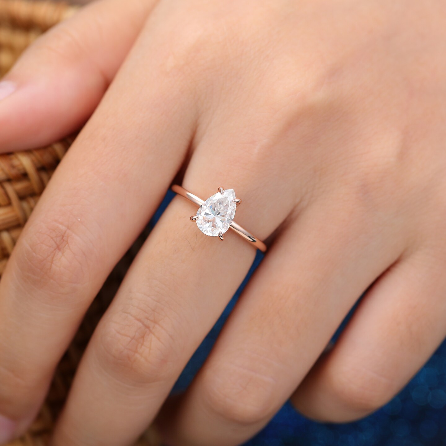 Pear shaped Moissanite ring, Rose gold CZ engagement ring, Solitaire ring Women, Minimalist Teardrop ring, Hidden Halo ring, Promise ring product 6