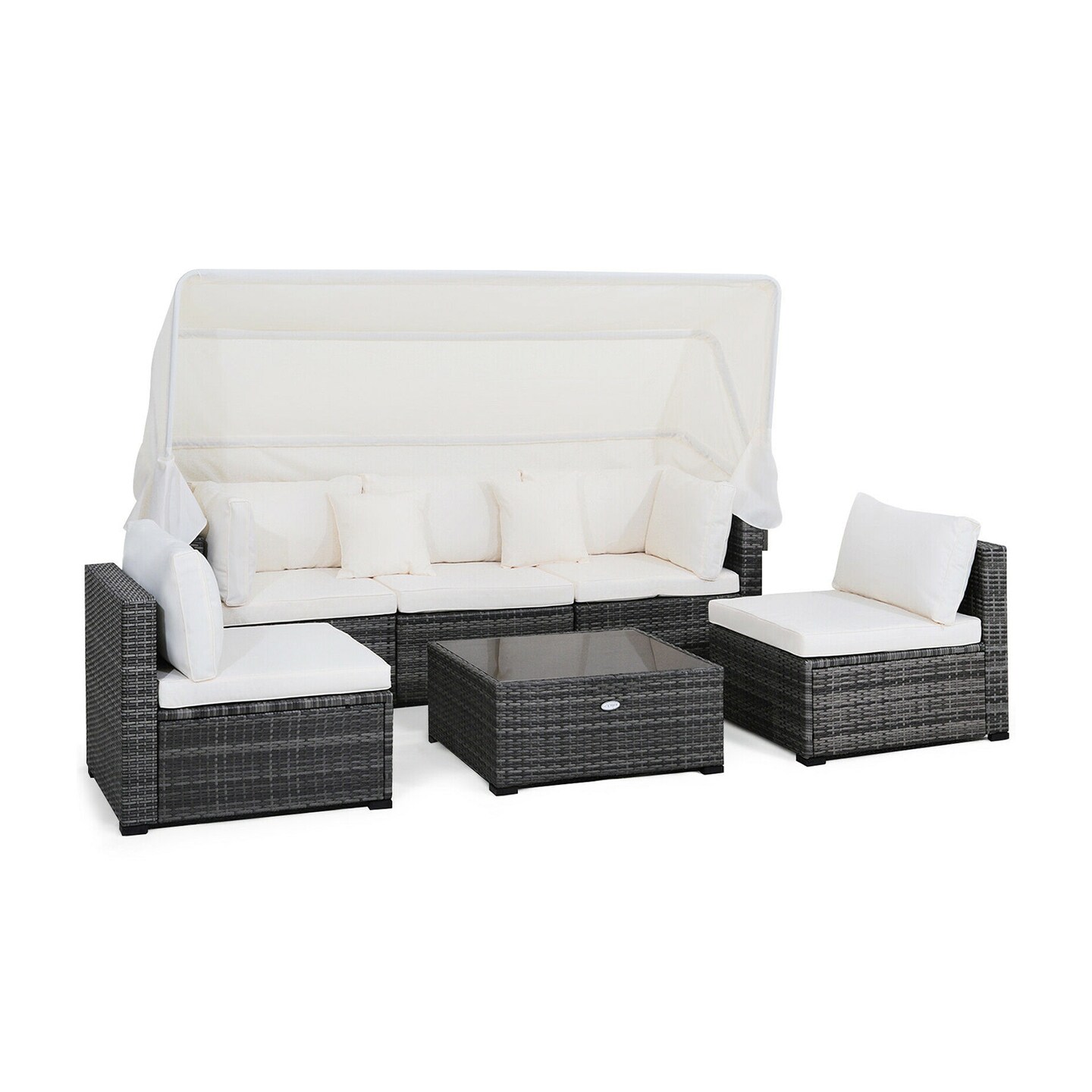 Gray Rattan Patio Set 4-Piece Steel Frame Loveseat Single Sofas Coffee Table