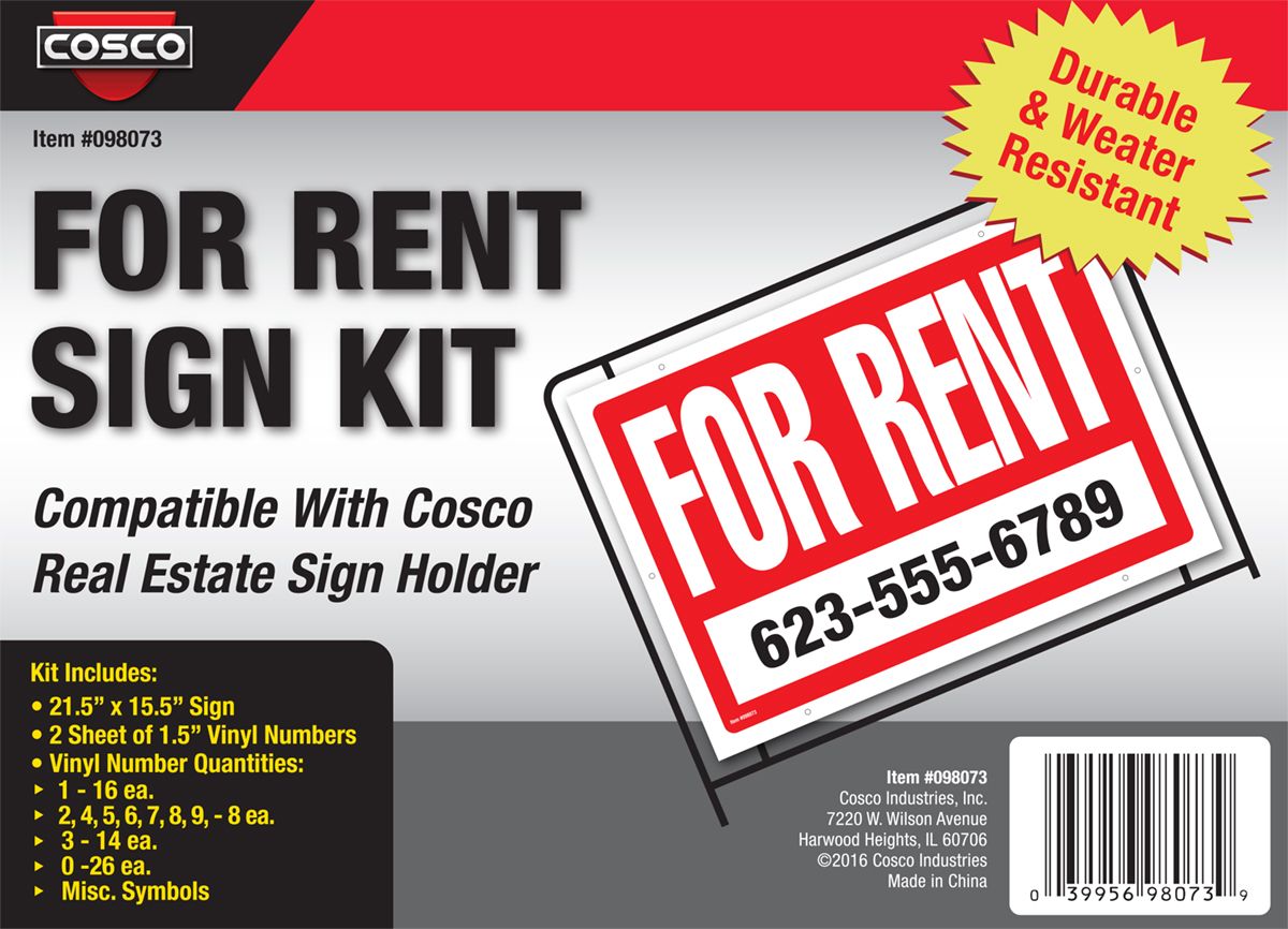 COSCO Sign with Numbers Kit, FOR RENT Sign with Black Vinyl Adhesive Numbers Kit, White Sign with Red Imprint, 16" x 22", 1 Sign