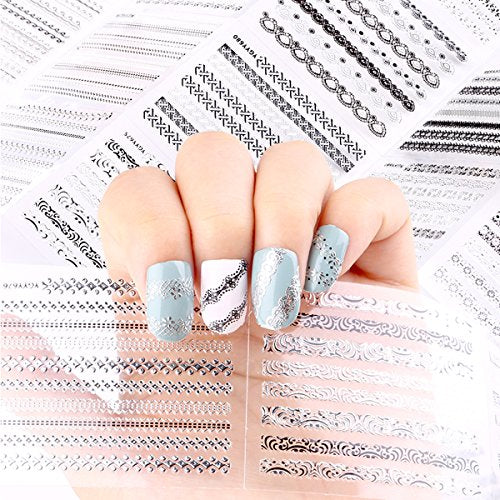 Wrapables 24 Sheets Gold, Silver &#x26; Black Nail Strips Nail Stickers Nail Art Set (Silver &#x26; Black Nail Strips)