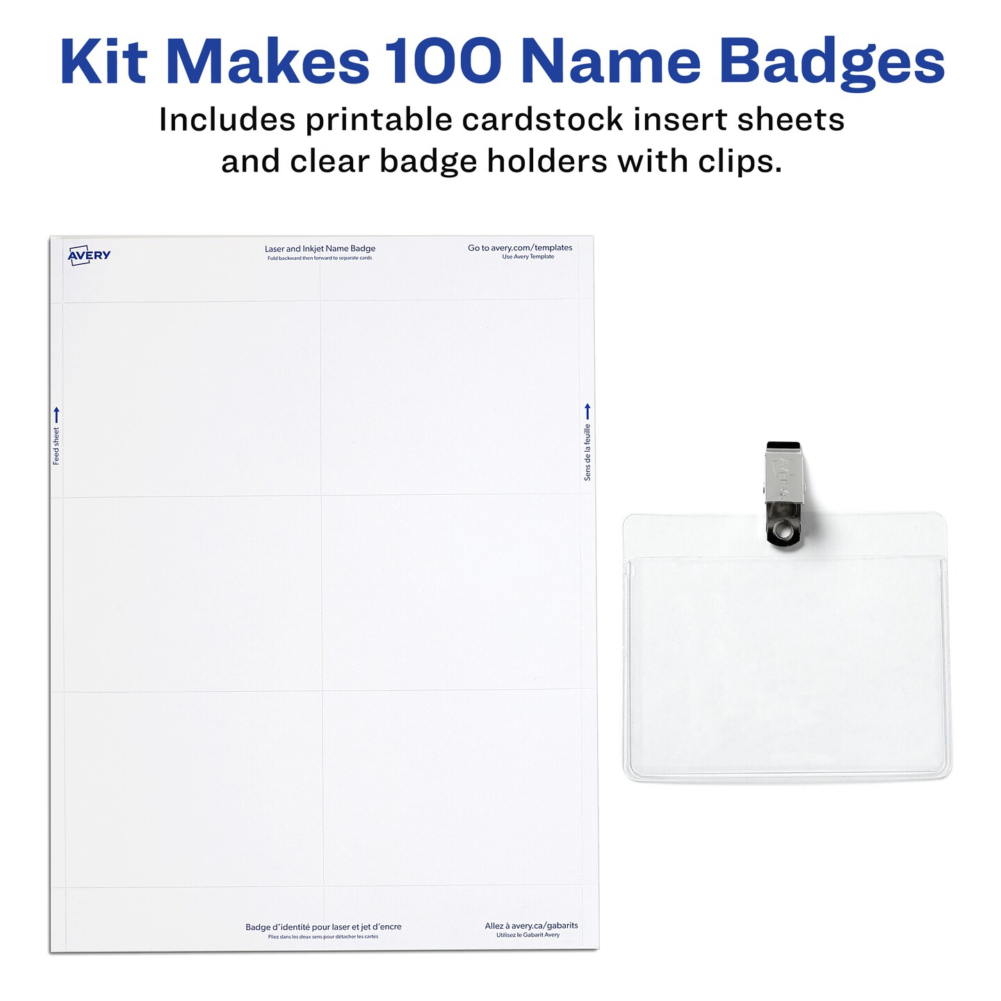 Avery Customizable Name Badges with Clips, 3" x 4", Clear Name Tag Holders with White Printable Inserts, 100 Clip Style Name Badges (74541)