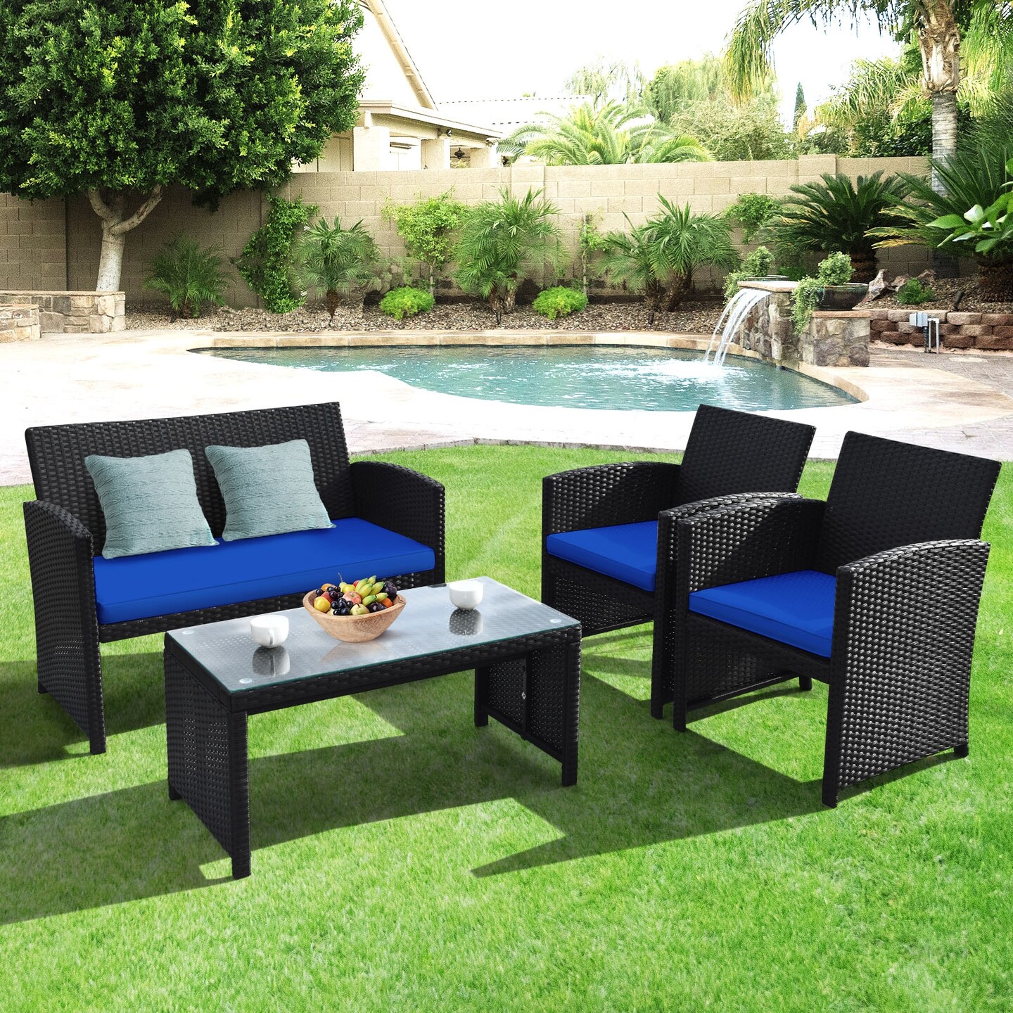 4 Pcs Wicker Conversation Furniture Set Patio Sofa and Table Set