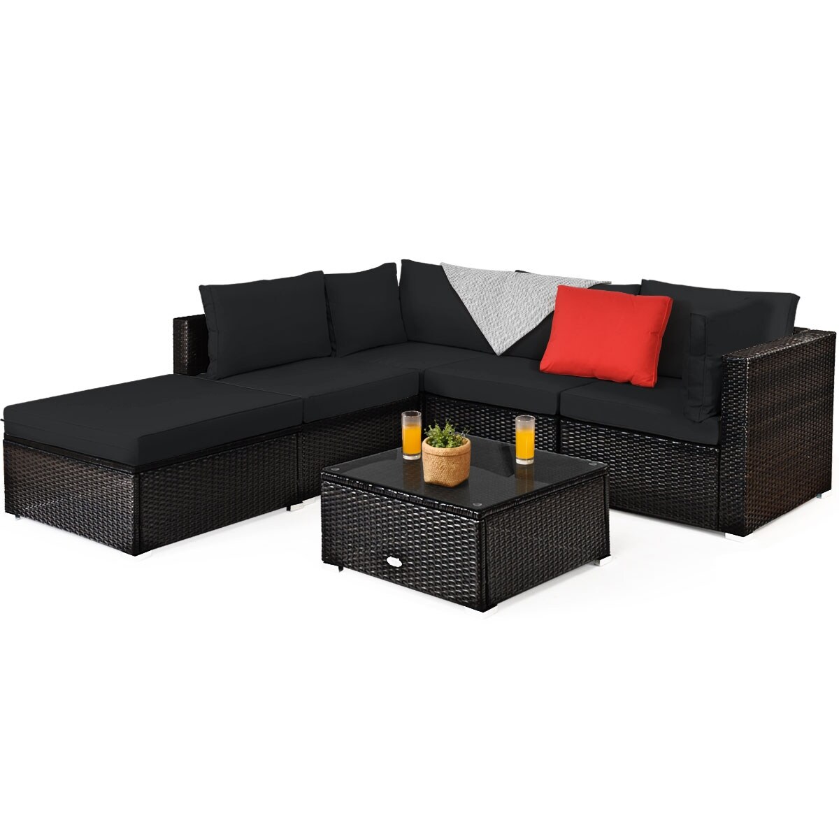 6 Pieces Outdoor Patio Rattan Sectional Sofa Set With Coffee Table