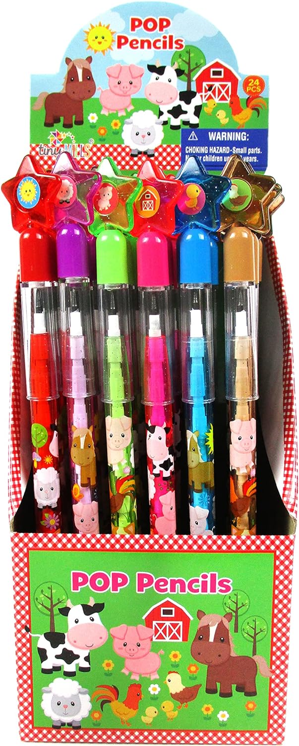 TINYMILLS 24 Pcs Farm Animals Stackable Push Pencil Assortment with Eraser for Party Favors