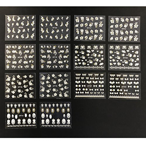 Wrapables 50 Sheets White Flowers & Bows with Gold Rhinestone Nail Stickers Nail Art 3D Nail Decals