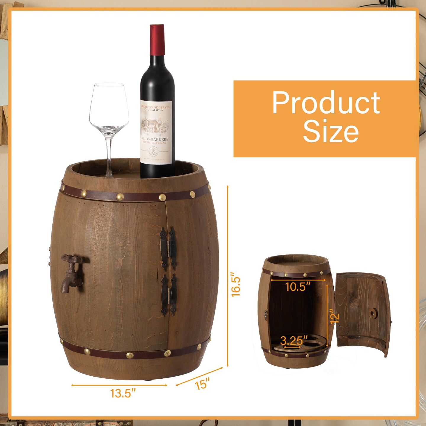 Vintage Wooden Barrel Shaped Wine Holder with a rotating turntable that allows easy access to your wine for Dining Room, Entryway, or Kitchen
