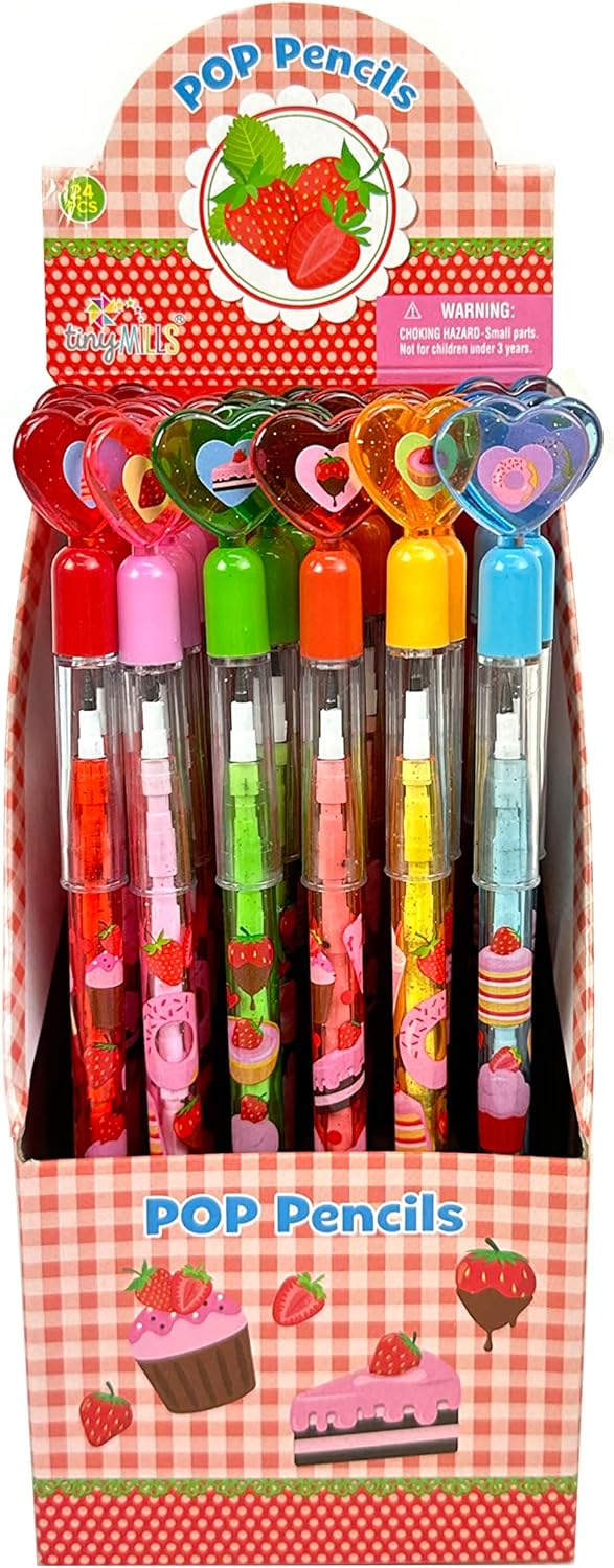 TINYMILLS 24 Pcs Assorted Strawberry Stackable Pencil Assortment with Eraser