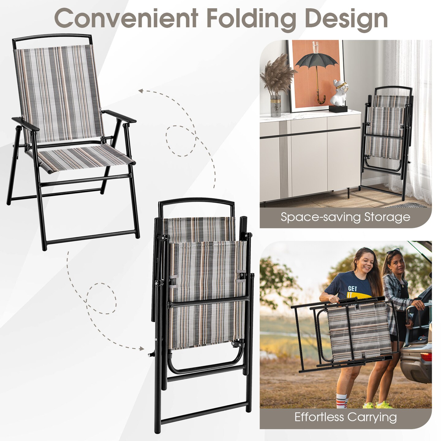 Set of 2 Patio Folding Sling Chairs Space-saving Dining Chair-Grey