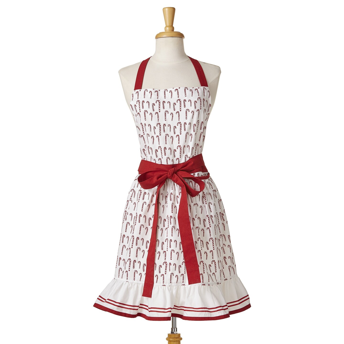 Oh What Fun Candy Cane Print Frill Cotton Apron, Halter Neck Ties, Waist Ties, and 2 Pockets, One Size Fits Most, White