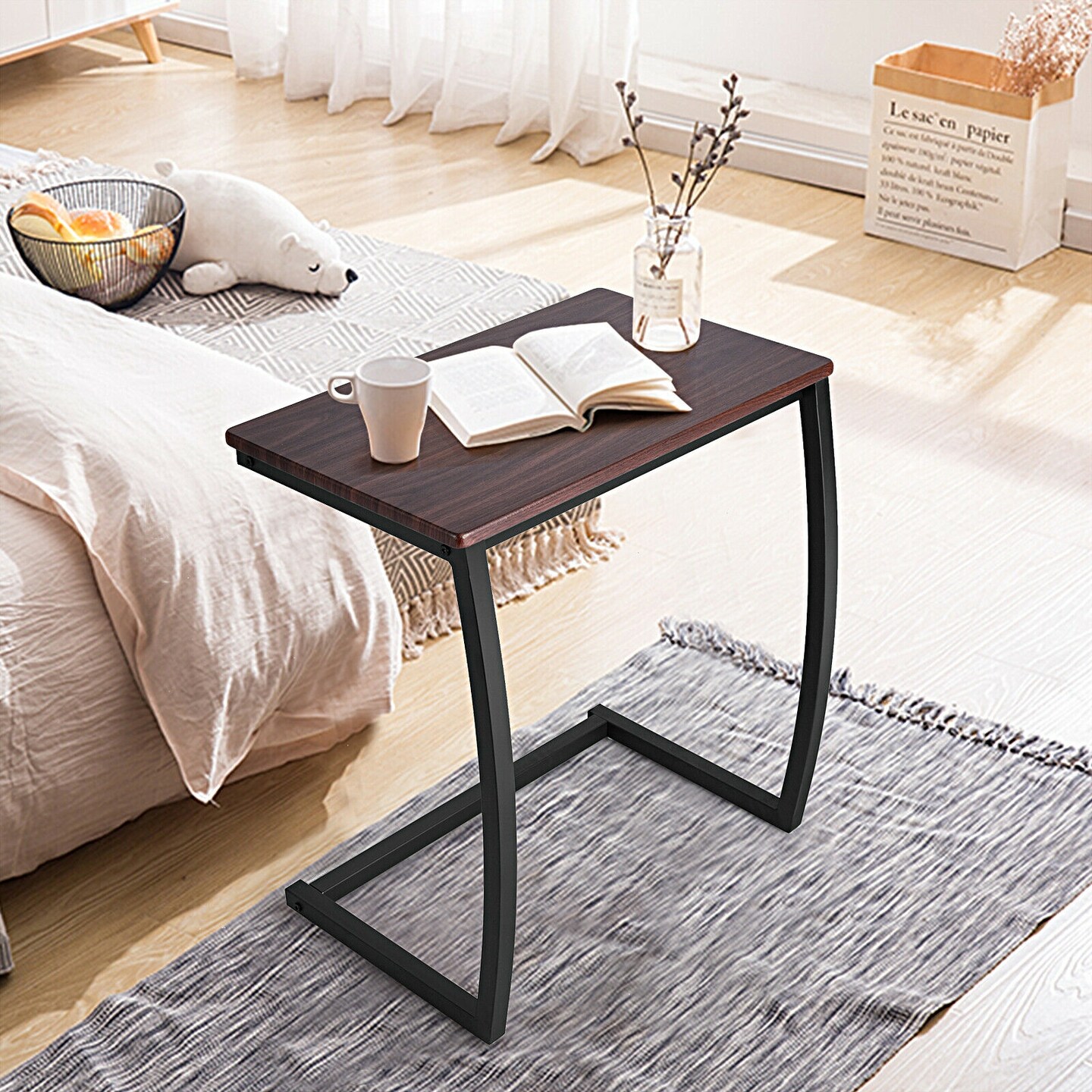 C-shaped Sofa Side End Table with Black Steel Tube Frame