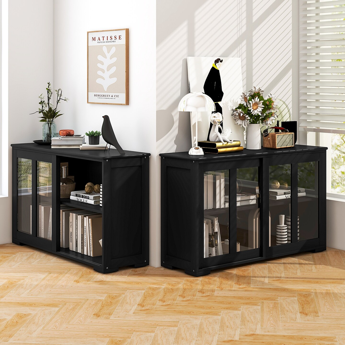 Costway 2-Door Stackable Buffet Sideboard Set of 2 with Sliding Tempered Glass Doors Black/Coffee/Gray/White