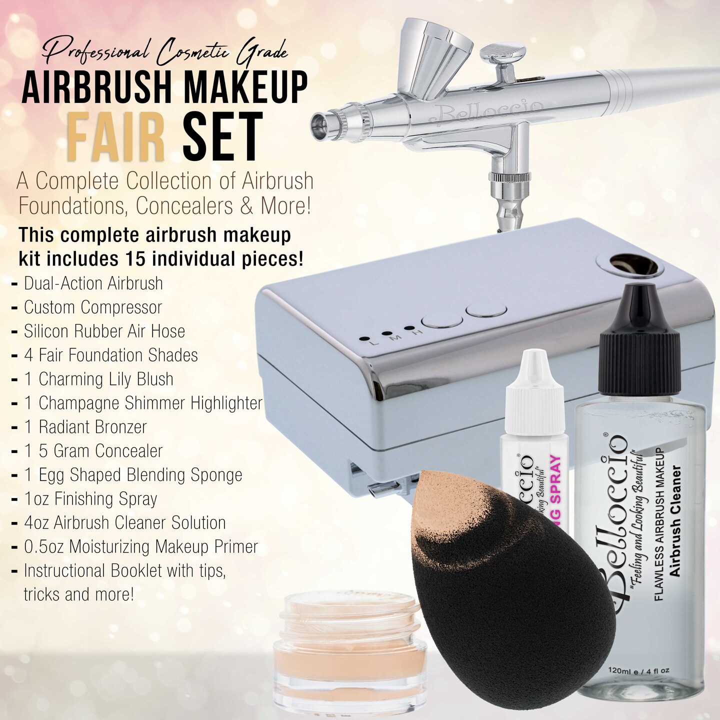 Belloccio Professional Beauty Airbrush Cosmetic Makeup System With 4 Fair Shades Of Foundation 4433