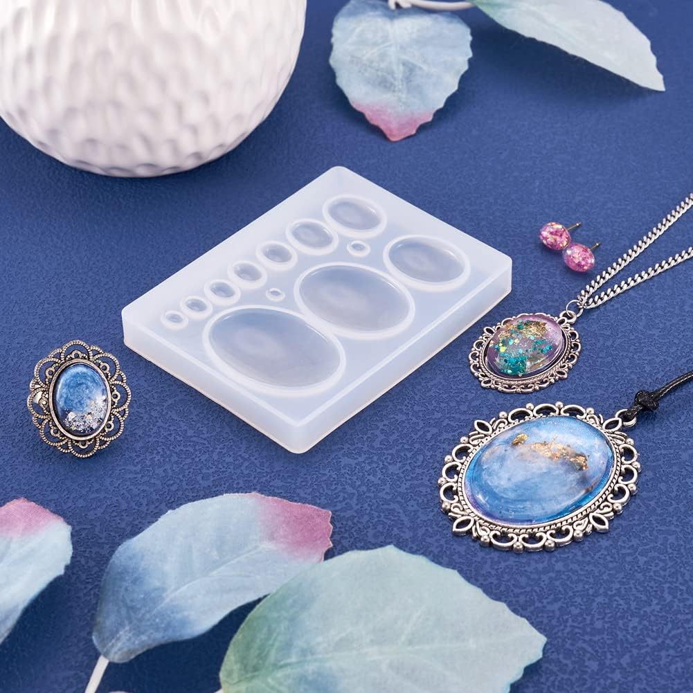 10 Cavities Cabochon Gems Silicone Mold Oval Beads Resin Casting Mold for Epoxy UV Resin DIY Craft Pendant Earring Keychain Jewelry Making, 3-38x2-28mm, 1 Pack