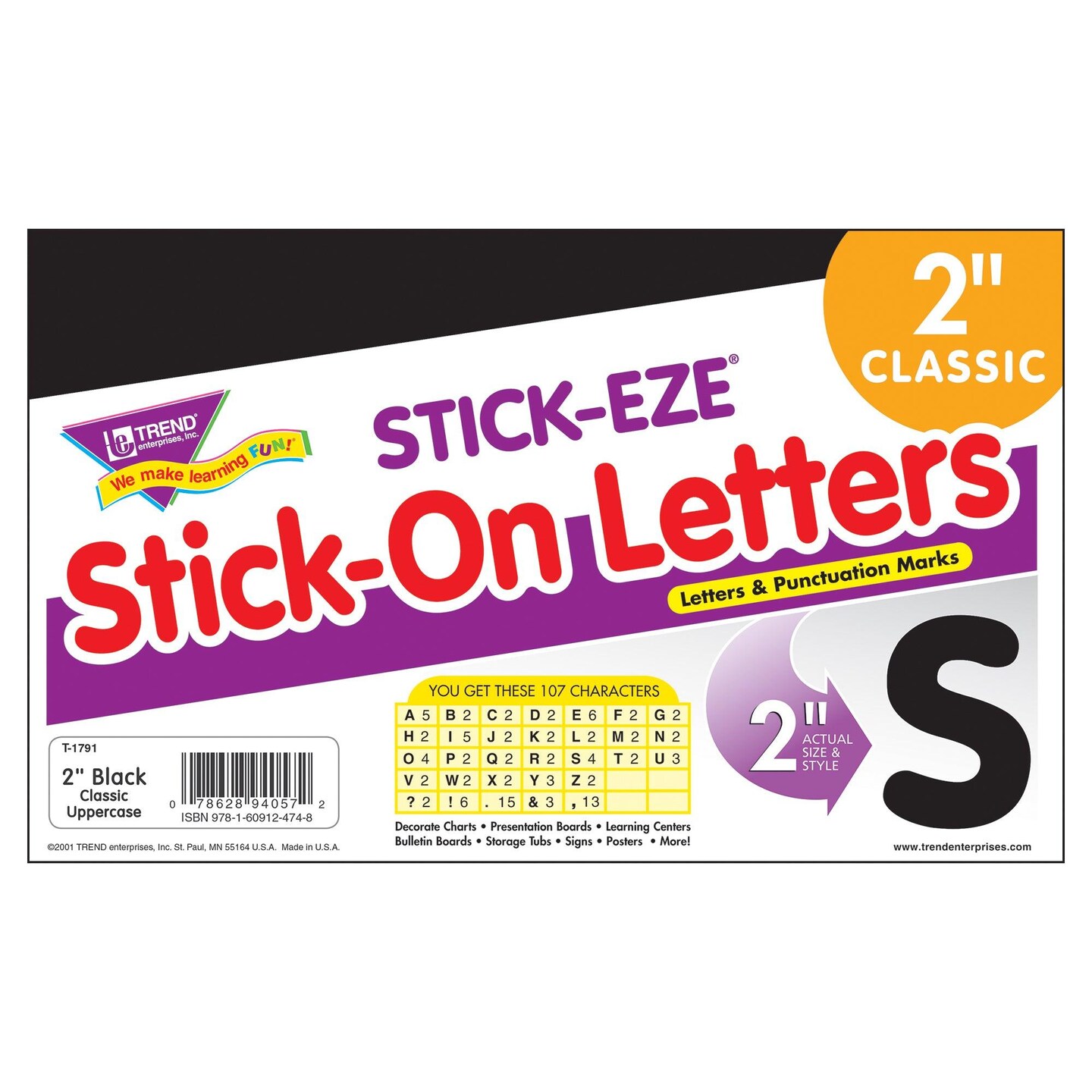 Black 2&#x22; STICK-EZE&#xAE; Stick-On Letters, 107 Pieces Per Pack, 6 Packs