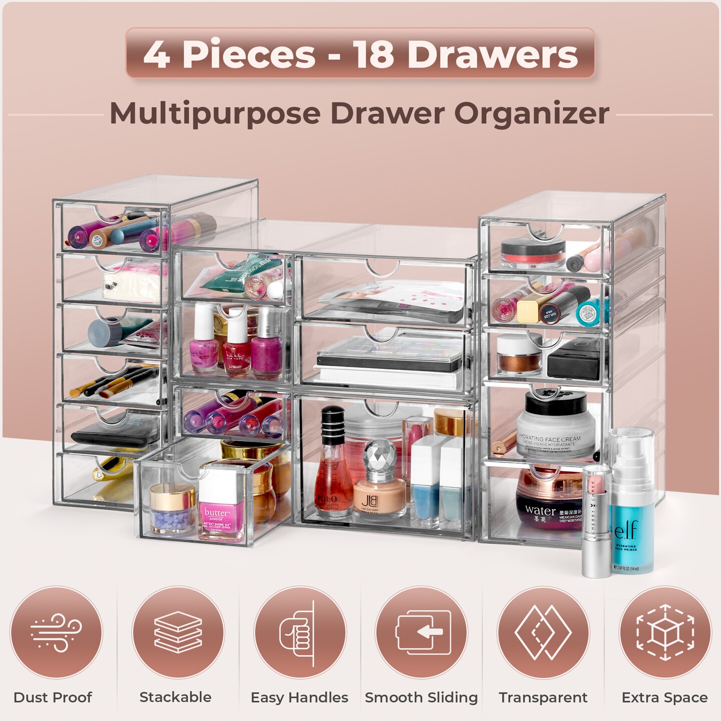 Sorbus 18 Drawers Acrylic Organizer for Makeup, Organization and Storage, Art Supplies, Jewelry, Stationary - 4 Pcs Clear Stackable Storage Drawers