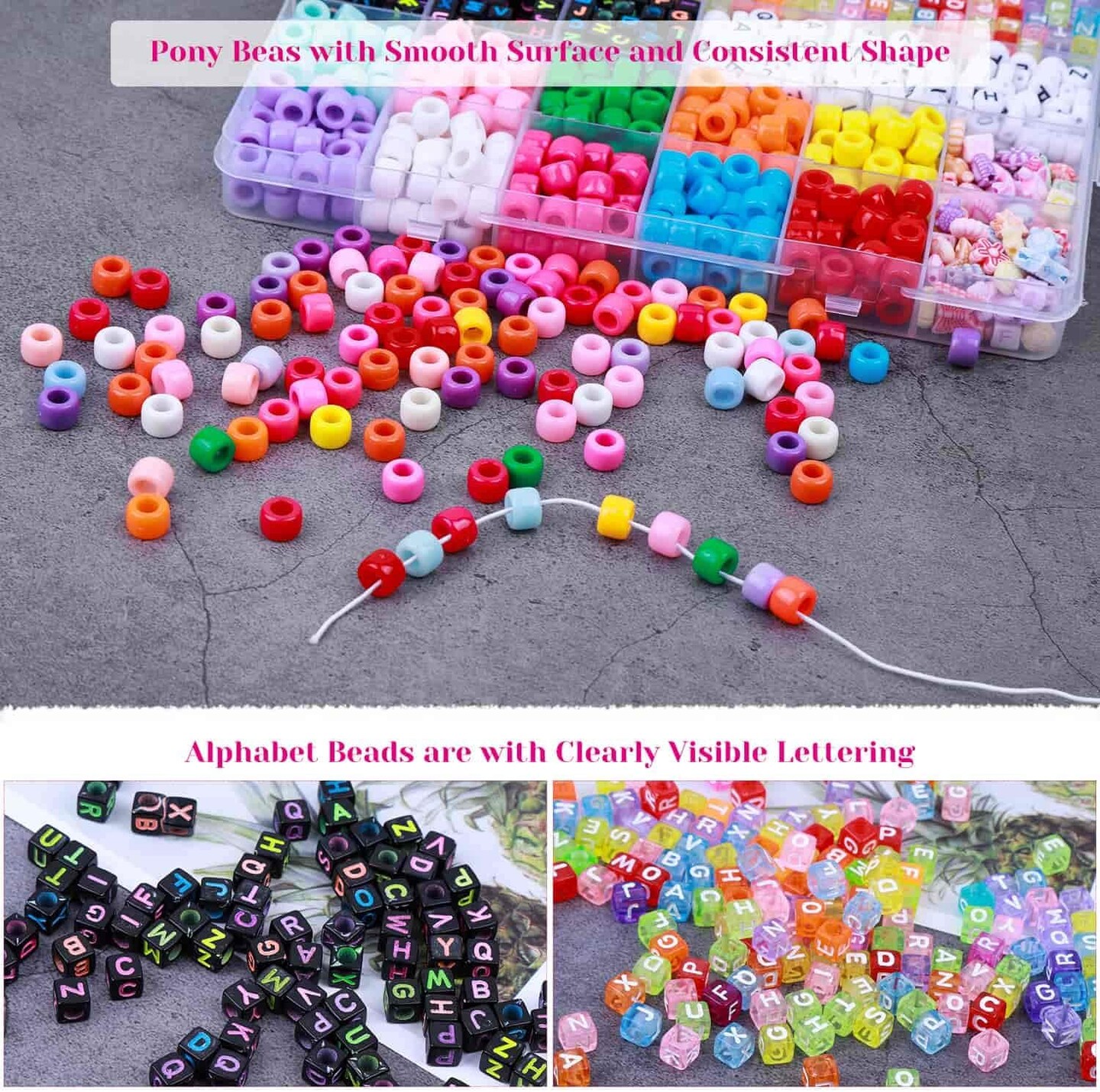 Bead Bracelet Making Kit, Bead Friendship Bracelets Kit with Pony Beads Letter Beads Charm Beads and Elastic String for Bracelet and Jewelry Making Rainbow Colors